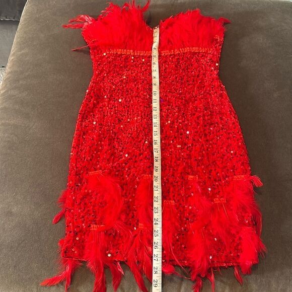 Women’s Short Red Strapless Sequined BodyCon Party Dress with Feathers Size L - Picture 8 of 16